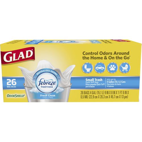 Glad Trash Bags, Small Garbage Bags, 4 Gallon Trash Bag for Waste Basket, Febreze Fresh Clean Scent, 26 Count