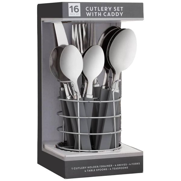 16Pc Cutlery Set Stainless Steet with Caddy - Grey - Comfortable Grip Flatware - Kitchen and Dining Accessories - Rust-Resistant - Dinnerware Tools - Dishwasher-Safe Silverware