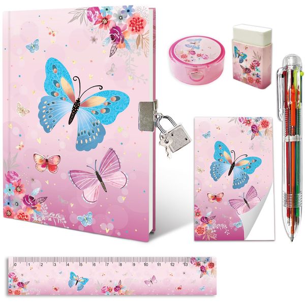 Set of Secret Diary for Girls, 6Pcs Gifts Stationery Set for Girls incl. Butterfly Diary with Lock 6 Multicolor Pen Memo Ruler Eraser Sharpener Kids Notebook for Girls Birthday Presents Age 5-10 Year