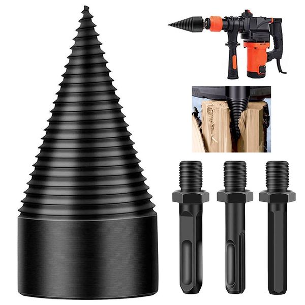 Firewood Log Splitter, 4PCS Drill Bit Removable Cones Kindling Wood Splitting logs bits Heavy Duty Electric Drills Screw Cone Driver Hex + Square + Round 50mm