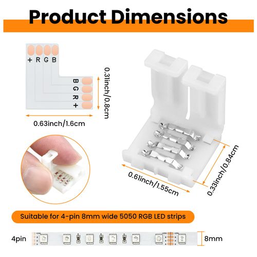 Aifeier ET 36Pcs 4-Pin LED Strip Connectors Kit with 12 L-Shape LED Light Extension and 24 Solderless LED Connectors Clips for 5050 8 mm Wide RGB LED Strip Lights（8mm 4Pin)