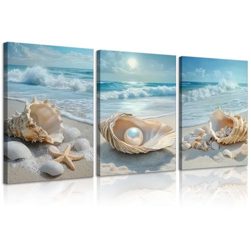3Pcs Coastal Seashell Conch Canvas Wall Art Summer Beach Waves Pictures Wall Decor Blue Beach Ocean Posters Prints Paintings for Bathroom Bedroom Living Room Sea View Room Decoration Prepare to hang