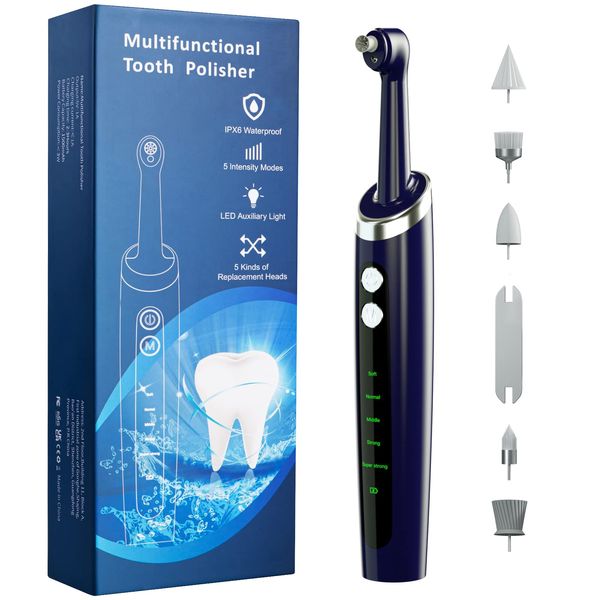 Electric Tooth Polisher, Multifunctional Replacement Head Teeth Cleaning Kit for Fighting Tooth Smoke and Tea Stains, USB Charging, Waterproof (Blue)