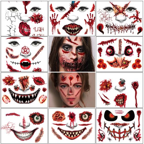 HOSAILY 17PCS Halloween Temporary Horror Scary Big Mouth Tattoo Stickers Props Makeup Costume Scare Wound Blood Injury 3d Face Tattoo Sticker Clown Zombie Halloween Decor Cosplay Party Makeup