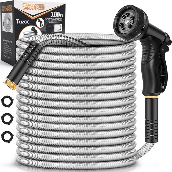 Garden Hose Metal 100FT Stainless Steel Heavy Duty Water Hose With 10 Function