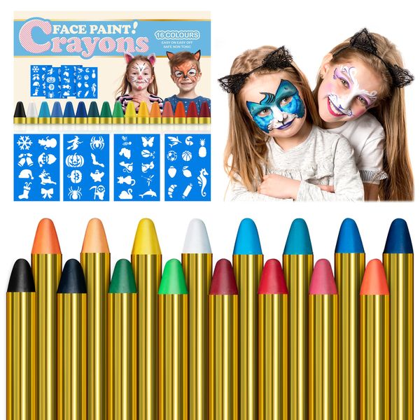 Gibot 16 Farben Kinderschminke Set für FaschingGesichtsfarbe Schminkstifte Bodypaint Schminkpalette, Fasching Schminke Karneval Halloween Körpermalfarben Glitzer Buntstifte mit 4 Aufklebern