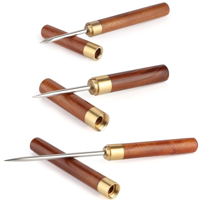 Ice Picks, Set of 3 Sizes, Stainless Steel, Wooden Handle, Tea Knives, Tools, with Protective Cap for Outdoor, Home, Restaurants (Pear Wood)