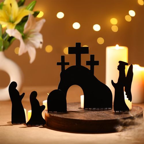 Yaocom 5 Pcs Jesus Tomb Easter Decor Empty Tomb Easter Scene and Cross Decoration Metal Jesus Sign He is Risen Nativity Resurrection Scene Sign for Home Office Table Ornament
