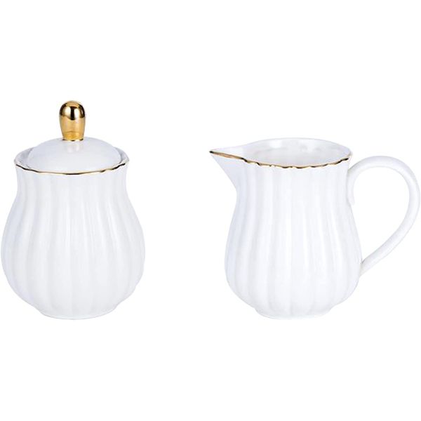 Eplze YBK Tech Porcelain Milk jug and Sugar Bowl Set for Coffee Tasting Drinking- Stripe Design (White)