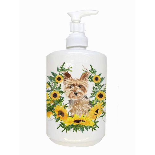 Caroline's Treasures CK2953SOAP Yorkie in Sunflowers Ceramic Soap Dispenser Hand Soap Dispenser Pump Bottles for Bathroom Kitchen, Empty Refillable Liquid Soap Container