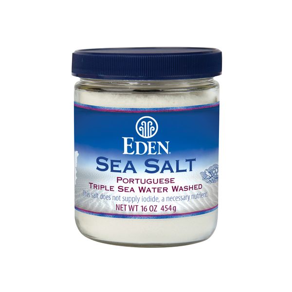 Eden Sea Salt, Hand Harvested Portuguese, Triple Sea Water Washed, Fine Grind, 82 Trace Minerals, Glass Jar, 16 oz (1lb)