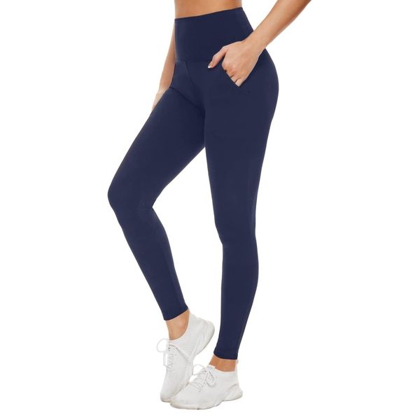 Aoliks Leggings with Pockets for Women - Yoga Pants with Pockets,Soft High Waist Tummy Control Non See Through Workout Pants Navy Blue