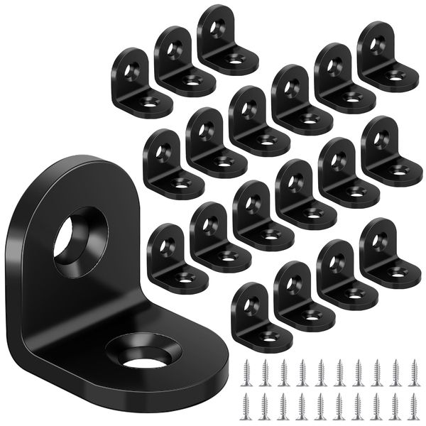 Yeepeo 20 Pcs Corner Bracket 20 × 20mm, Black Right Angle Bracket 90 Degree Carbon Steel L Bracket Corner Brace with 40 Screws Small Brackets L Shaped Bracket for Wood Furniture Fixation