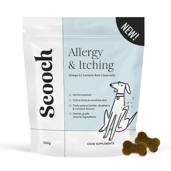 Vet-Formulated Scooch Allergy & Itching Chews To Calm Itchy, Sensitive Skin, Ears & Paws | Premium, Natural, Human Grade, Hypoallergenic, Plant-Based Peanut Butter & Coconut | Approx 60 Crunchy Chews