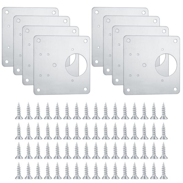 8 Pcs Hinge Repair Plate, Kitchen Cupboard Cabinets Door Hinge Repair Plate, Stainless Steel Hinges Repair Plates Brackets with Holes, Flat Fixing Joining Mending Plates Brackets with 64 Pcs Screws