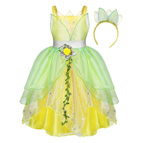 WonderBabe Tiana Dress for Girls Green Fairy Frog Princess Costume Fancy Dress Up Birthday Party Cosplay Halloween Elf Outfits with headband size 3t