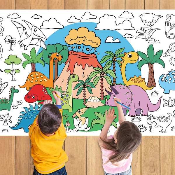 JOFONY Dinosaur Volcano Giant Coloring Tablecloth Poster for Kids,30x72Inch DIY Art Activity Cartoon Cute Drawing Paper Coloring Tablecloth Poster Table Cover Mat Home Classroom Party Suppiles