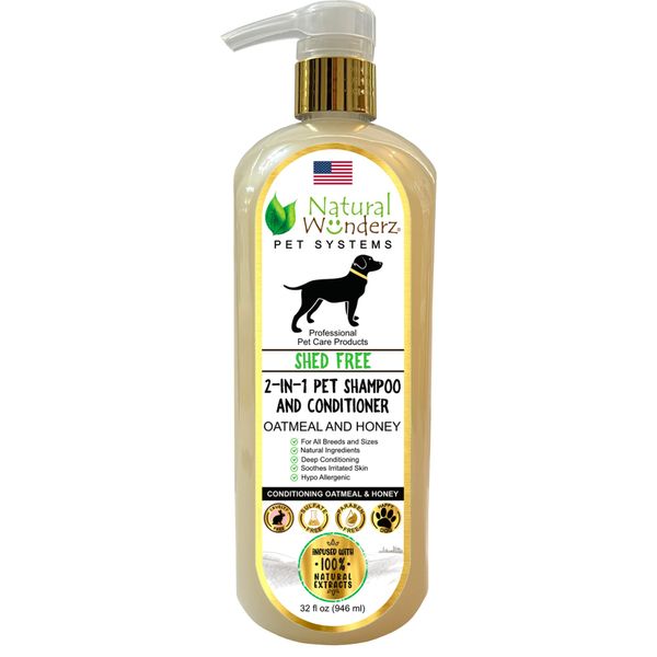 Pet Shampoo & Conditioner, Shed Free 2-in-1, Oatmeal and Honey, Hypoallergenic, Vegan, Natural Extract, for Healthy Skin & Coat, 32 Fl Oz, for Dry Itchy Skin, All Breeds, by Natural Wunderz