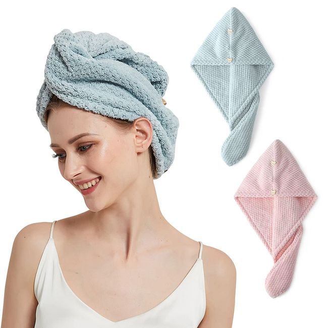 Eteamcan Haarturban Turban Handtuch mit Knopf Turban Handtücher Mikrofaser Handtuch Haare Haartrockentuch Schnelltrocknend für Damen Lange Haar 2er