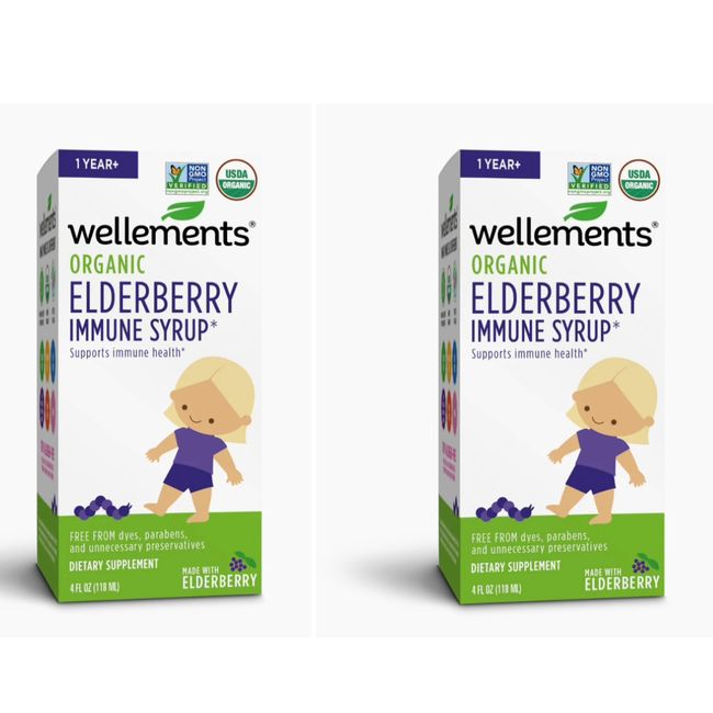 Twin Pack- WELLEMENTS ORGANIC Elderberry Immune Syrup Ages 1+ Ex. 4/24 -4 Oz. EA