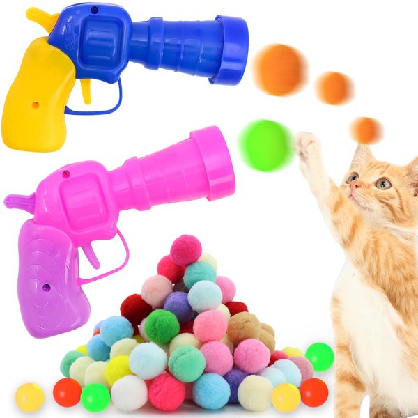 Dexspoeny 2 Pcs Interactive Cats Toy Ball Launcher and 100 Pcs Cats Silent Plush Balls and 6 Pcs Plastic Balls,Cats Interactive DIY Toy Set,Kitten Toys for Indoor Cats Self Played Training