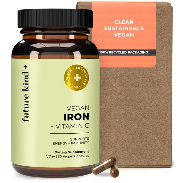 Future Kind Vegan Iron Supplement for Men & Women with Vitamin C for Energy, Focus and Immunity Support - 30-Day Supply, One Capsule a Day (30ct in Glass Bottle)