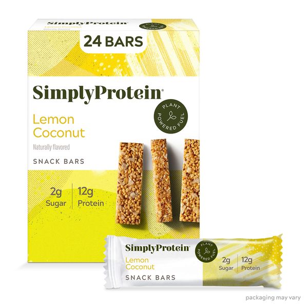 SimplyProtein Vegan Protein Bars - Lemon Coconut Plant-Based Bar, 12g of Protein, 2g of Sugar, Gluten Free, Dairy Free, Non-GMO Project Verified, Healthy, Light & Crispy Texture, (24 Bars)