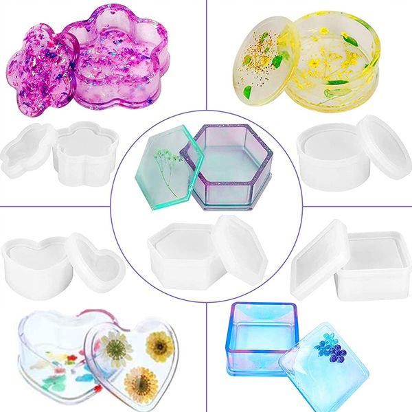 Silicone Box Resin Moulds,Saijer Jewelry Box Molds Storage Box Mould Making Epoxy Resin Moulds Kits Casting Silicone Mold Square Round Hexagon Flower Heart Shape Pallet Mold for Trinket Craft 5PCS