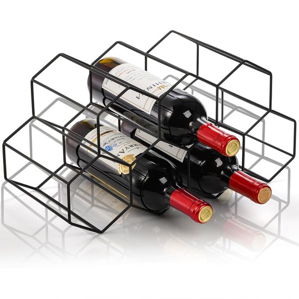 AVLA Metal Countertop Wine Rack, 9 Bottles Wine Holder for Wine Storage, Freestanding Modern Small Wine Bottle Storage, Geometric Design Tabletop Wine Rack Holder for Wine Cellar Bar Cabinet, Black