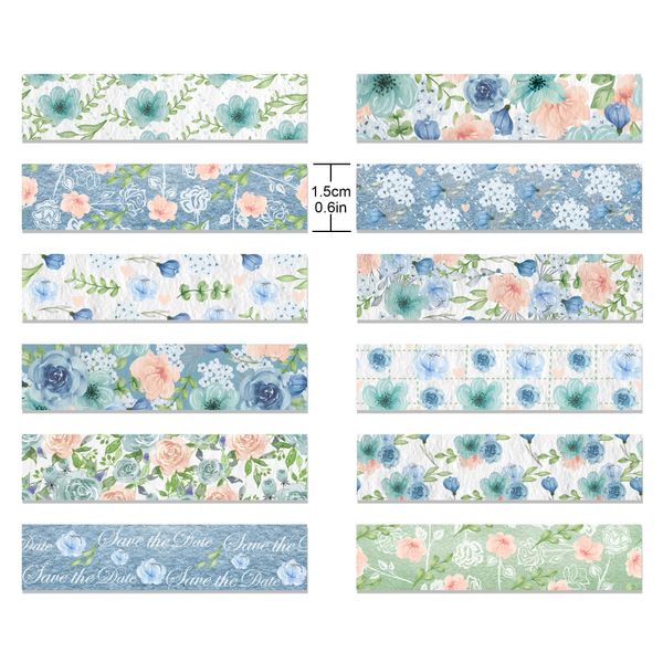 CC HOME 12 Rollen Washi Tape Blaue Rose Muster Dekorativ,15mm Masking Tape Retro Aquarellästhetik Dekoratives Stickers Scrapbooking Tape Bastelmittel, für DIY,Kunsthandwerk,Tagebuch,Alben