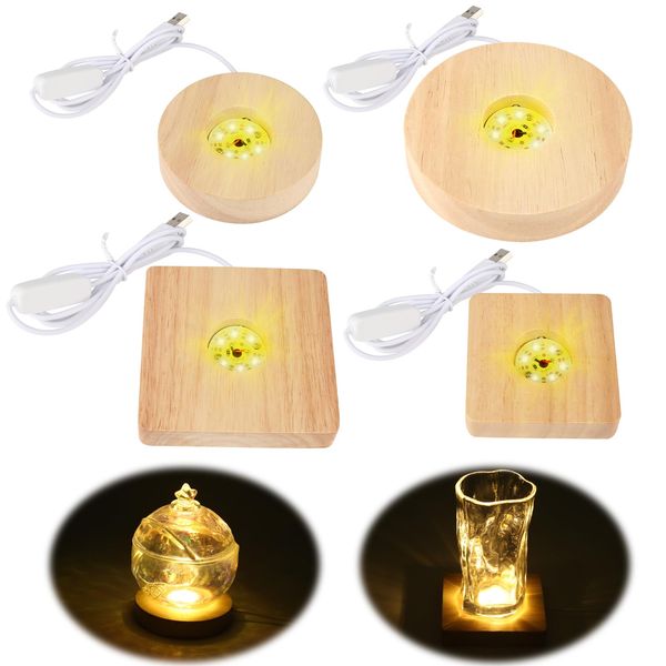 Aubess LED Sockel, 4 Stück Holz Quadrat/Rund LED Sockel für Acrylglas, Leuchtsockel mit USB-Kabel für Kristallkugel, Glas, Acryl (Warmes Licht)