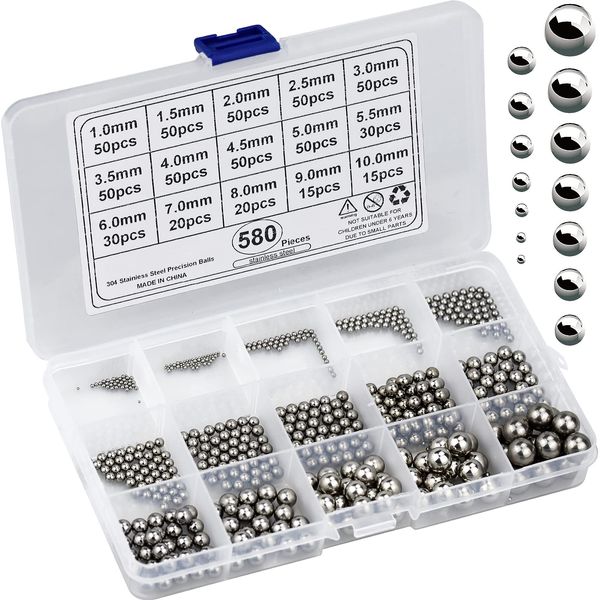 Luyoah 580 Pcs Bearing Balls Stainless Steel 1mm-10mm Precision Diameter Bearing Ball Assortment Kit for Industrial Accessories, Bicycle Wheel, Skateboard Bearings 15 Size