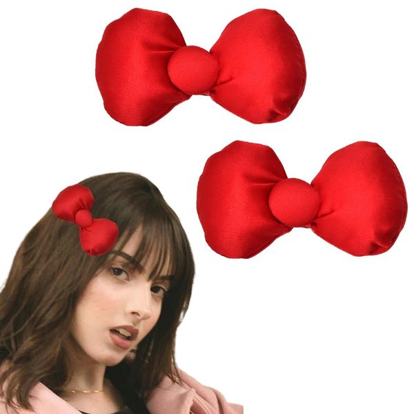 Cute Puffy Bow Hair Clips Red Hair Bows Barrettes Kawaii Silk Padded Pom Pom Bow Hair Barrette Bowknot Duckbilled Clips Christmas Festival Headdress Headpiece Costume Hair Accessories for Girls Women