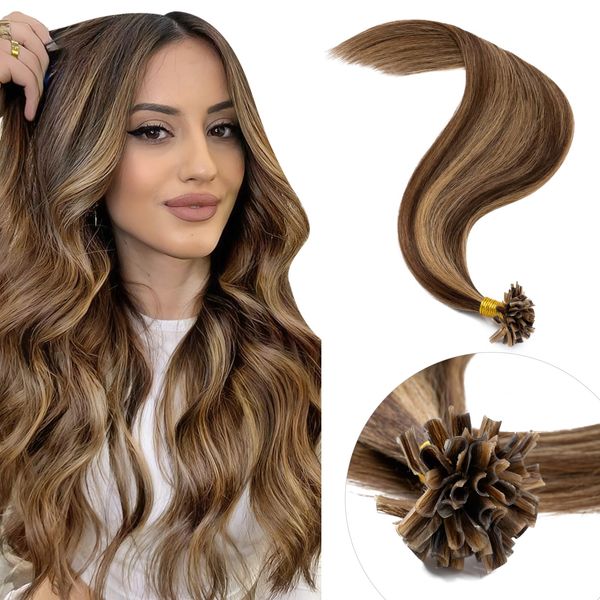 Elailite U Tip Human Hair Extensions Pre Bonded Keratin 1g - 100% Remy Hair Extension - 50 Strands (#4/27 Medium Brown Mix Dark Blonde, 14 Inch-50g)