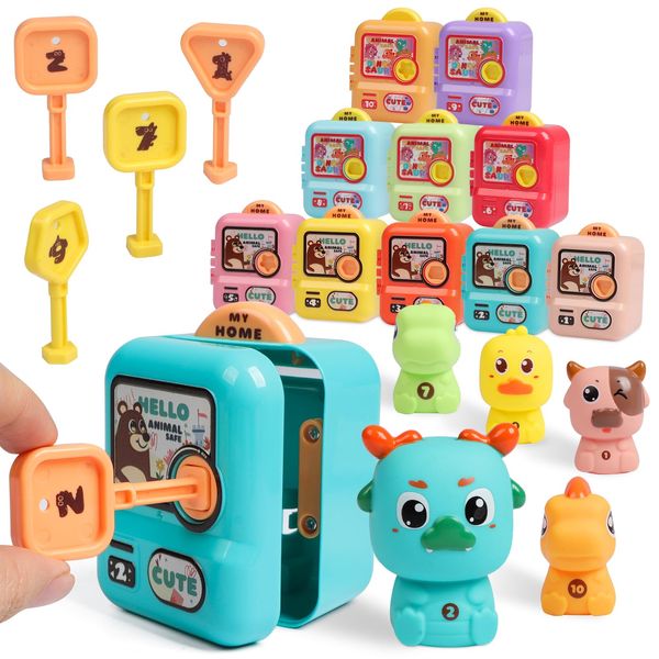 ROUSKY Fine Motor Skills Toys for 2-3-4-5 Year Old，30pcs Surprise Animal Finger Puppets with Geometric Key Treasure Lock，Match Color Geometric Shapes Pirate Hunt Game