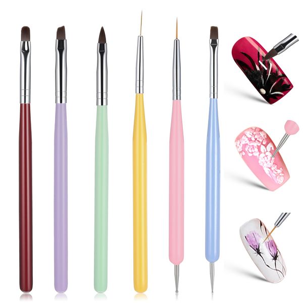 6Pcs Nail Art Brush Set Nail Detail Brush Design Brushes for Nail Art Nail Art Design Pen Painting Tools Nail Dotting Pen Cleaning Brush Nail Art Liner Brush for Salon At Home Diy (6 Color)