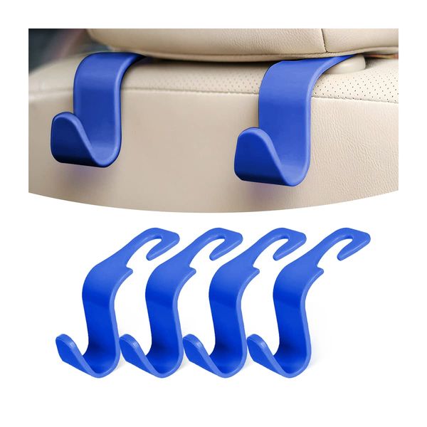 Adunsiaoto 4 PCS Cars Seat Back Hook, Car Storage Hooks Back Seat Headrest Hanger, Auto Seat Headrest Hangers Portable Organizer Holder Hooks, for Shopping Bags,Handbags and Clothes(Blue)