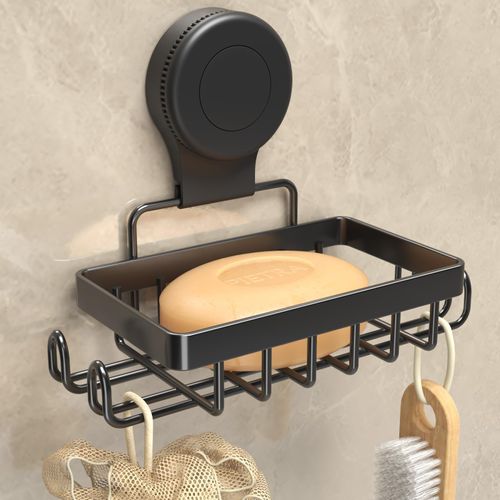 Soap Holder Suction Cup, Stainless Steel Bar Soap Dish for Shower Wall, Reusable Suction Cup Draining Soap Saver Tray Rustproof Sponge Holder for Tub, for Bathroom Kitchen (Black, 1-Tier)