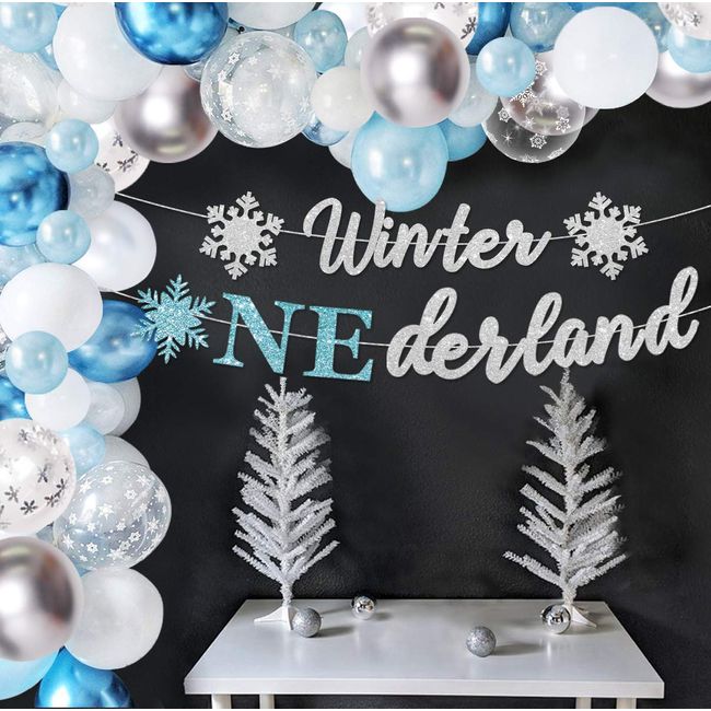 Snowflake Balloon Garland Arch Kit Blue and Sliver Winter Wonderland 1st Birthday Party Decorations for Girl Boy with Winter Onederland Banner