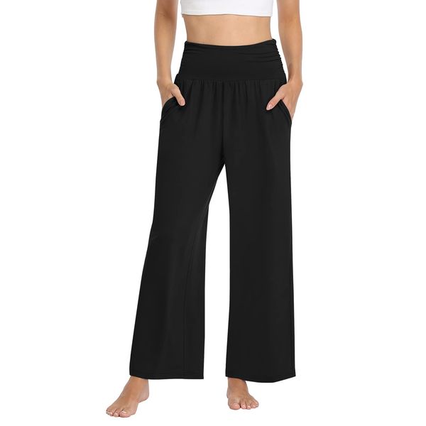 TARSE Plus Size Pants for Women Ladies Elastic Waist Yoga Pants Casual Comfy Soft Lounge Pajama Flowy Pants Pockets Sweatpants(Black,3XL XXXL)