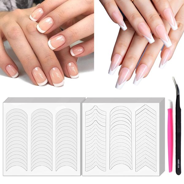 1248 Pieces French Tip Nail Stickers French Manicure Kit Self-Adhesive Nail Tips Guides for Nail DIY Decoration Stencil Tools (48 Sheets) with 1Pcs Tweezers And 1Pcs Nail Cuticle Pusher Rubber