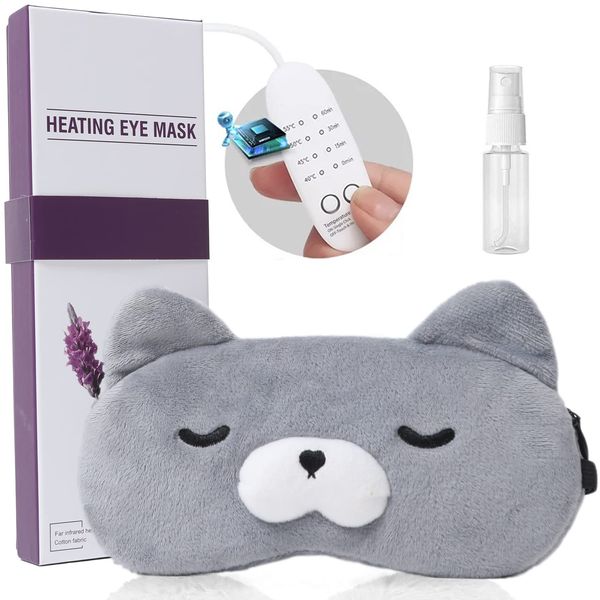 Loveur Date Heating Eye Mask, Fluffy, USB, Electric Heated, Cute, Relaxing, No Pressure, Blocks Light, Temperature Control, Auto Power Off, Safety Protection, Sleep, Travel, Gift, With Pouch, Gray