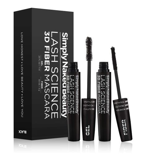 3D Fiber Lash Mascara Kit (2 tubes) by Simply Naked Beauty. Waterproof, lengthening voluminous, on lashes all day. Best and highest rated 3D and 4D gel and fiber formula. Non toxic, hypoallergenic, Natural. Black. One Gel Tube and One Fiber Tube included 