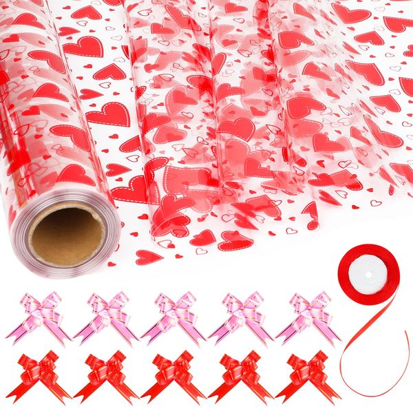 FOIMAS Heart Cellophane Wrap Roll,32in x 98ft Valentine's Day Clear Cellophane Gift Basket Wrapping Paper with Ribbon and Pull Bows for Valentine's Day Gift Wrapping Flower Gift Box Supply