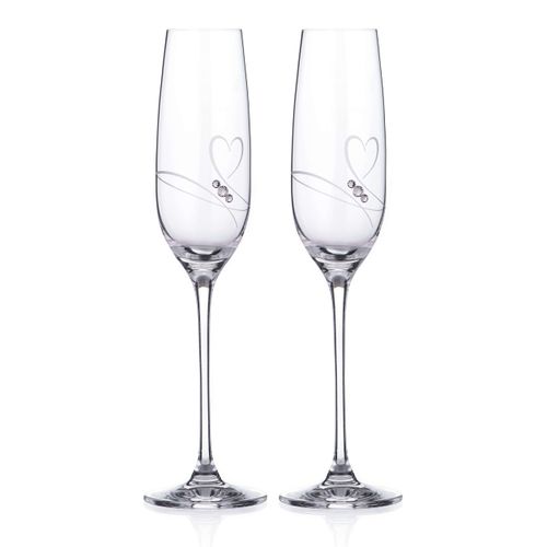 DIAMANTE Swarovski Champagne Flutes Prosecco Glasses Pair with ‘Romance ’ Hand Cut Design Embellished with Swarovski Crystals with Gift Box