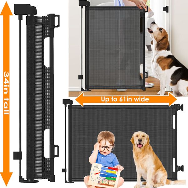 Baby Retractable Safety Gate 34" Tall Extends to 61" Wide Door Stair Pet Gates