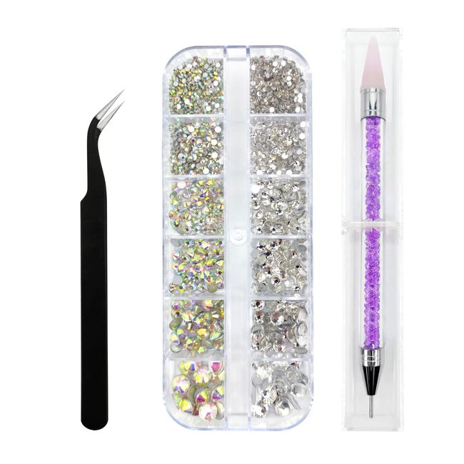 Cretty-Meet 1500pcs Rhinestones in 6 Sizes Flat Back Shiny Crystal AB Nail Art Gems with Tweezer and Rhinestone Picker Dotting Pen Nail Art Tools for Nails, Face Eye Makeup, Craft (Clear and Rainbow)