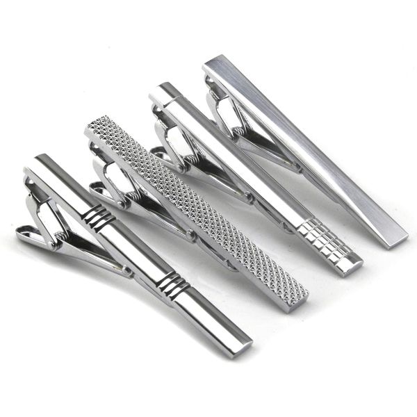 Lystaii 4pcs Tie Tack Pins Tie Clips for Men Father's Day Gift Silver Necktie Bar Pinch Clip Set 2.3 Inch Metal Clasps Business Professional Fashion Designs