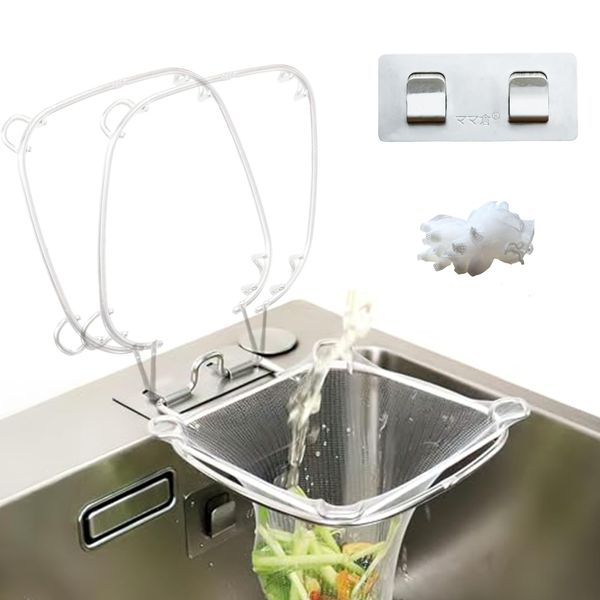 Mama Kura, Triangular Corner, Stainless Steel, Equipped with Stainless Steel Hooks, Folding, No Space, Drainage Net Holder, Disposable Dish Drainer Bag Holder, Kitchen, Sink, Dish Drainer, Food