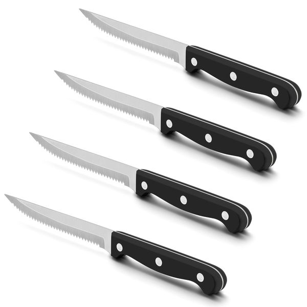 Herogo Steak Knives Set of 4, Stainless Steel Serrated Steak Knife with Ergonomic Handle, Sharp Kitchen Knife for Meat Bread Cutting, Dinner Table Knives Set, Dishwasher Safe